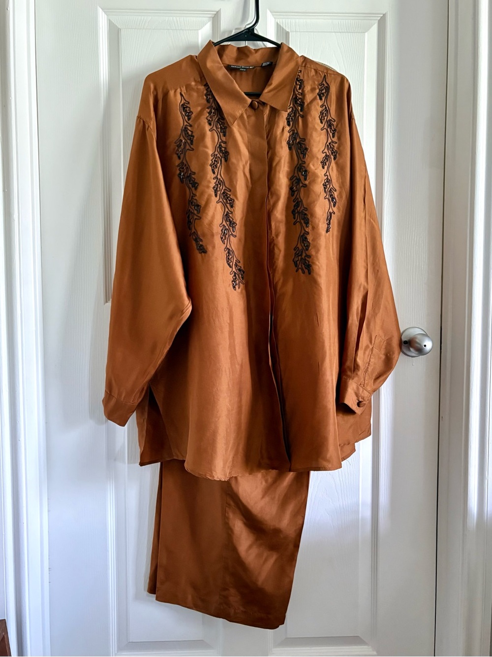 Vtg Carole Little 100% Silk Set Beaded Button Down Blouse Trousers Copper 22W